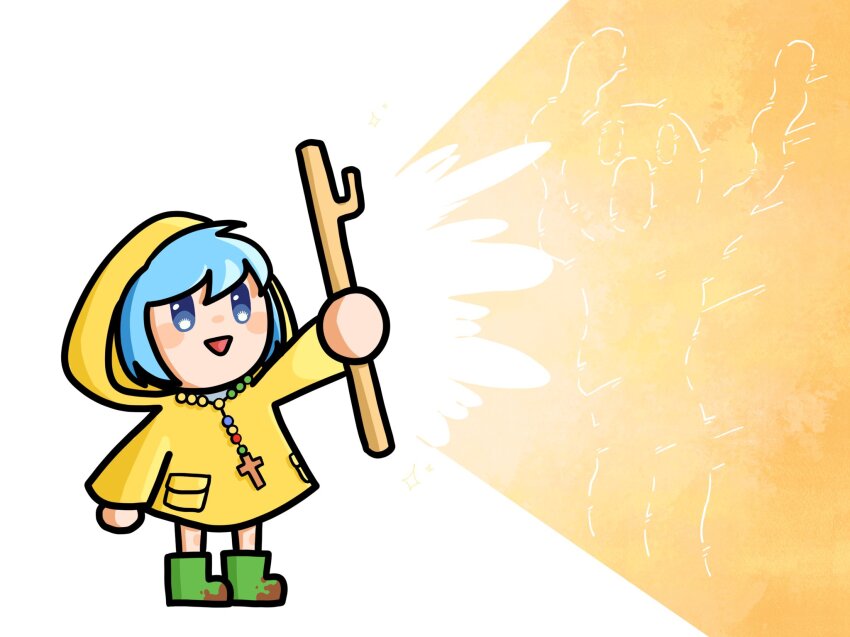 1girl 1other bead_necklace beads blue_eyes blue_hair blush_stickers boots cane commentary cross disintegration english_commentary green_footwear highres holding holding_cane jewelry jubilee_2025 luce_(jubilee_2025) mud necklace raincoat rosary short_hair sidelocks simple_background sparkle swissrifle triangle_mouth white_background yellow_raincoat