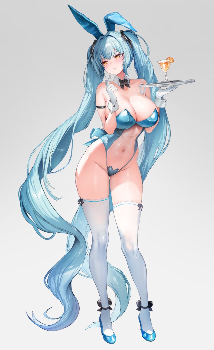 1girl absurdres animal_ears bare_shoulders black_bow black_bowtie blue_hair blue_leotard blush bow bowtie breasts cleavage closed_mouth cocktail collarbone commentary covered_navel cup detached_collar drinking_glass embarrassed fake_animal_ears food fruit gloves goddess_of_victory:_nikke grey_background groin hair_intakes hands_up high_heels highres holding holding_tray large_breasts legs leotard long_hair looking_to_the_side orange_(fruit) orange_slice playboy_bunny privaty_(nikke) rabbit_ears shiny_skin simple_background solo standing strapless strapless_leotard thighhighs thighs tray twintails very_long_hair white_gloves white_leotard white_thighhighs wrist_cuffs yellow_eyes zerocat