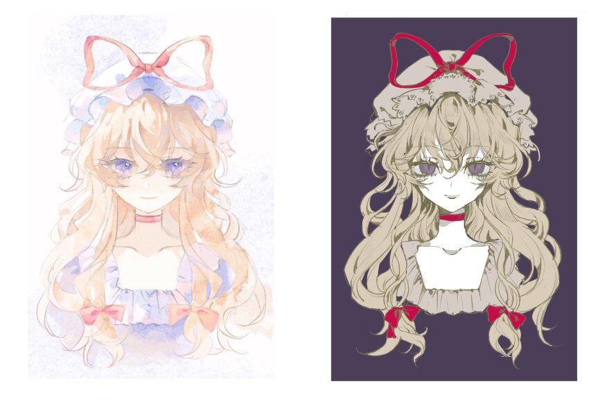 1girl blonde_hair choker closed_mouth collarbone dress frills hair_between_eyes hair_ribbon hat highres light_smile long_hair looking_at_viewer mob_cap portrait purple_background purple_dress purple_eyes ribbon slit_pupils touhou variations xianyu_liang yakumo_yukari