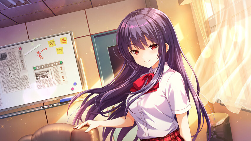 1girl bow brown_hair chair closed_mouth day girlfriend_(kari) grey_legwear indoors kagurazaka_saya leggings long_hair looking_at_viewer office_chair official_art plaid_clothes plaid_skirt pleated_skirt purple_hair qp:flapper red_bow red_eyes red_skirt school school_uniform shirt short_sleeves skirt smile standing sunset swivel_chair tagme white_shirt