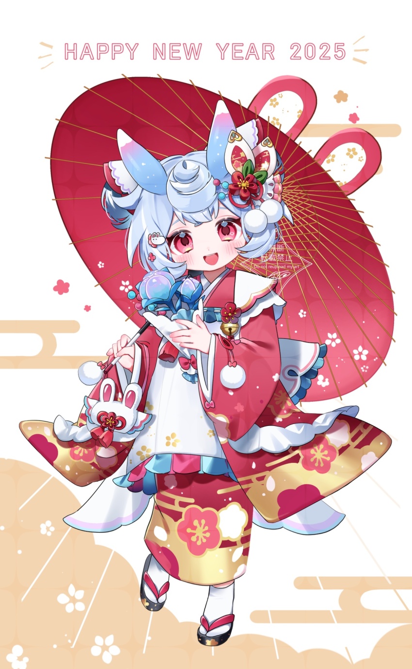 1girl 2025 :d animal_ears apron artist_name bell black_sandals blue_flower blue_hair blush bouquet bow commentary_request crossed_bangs double_bun egasumi emphasis_lines floral_print flower flower_symbol frilled_apron frills genshin_impact hair_bun hair_flower hair_ornament hair_ribbon hands_up happy_new_year highres holding holding_bouquet holding_umbrella japanese_clothes jingle_bell kanzashi kimono long_sleeves looking_at_viewer meda_cha new_year oil-paper_umbrella open_mouth orange_background pom_pom_(clothes) pom_pom_hair_ornament print_kimono rabbit_hair_ornament red_bow red_eyes red_flower red_kimono red_umbrella ribbon romaritime_flower sandals sidelocks sigewinne_(genshin_impact) signature simple_background smile socks solo tabi tassel teeth umbrella upper_teeth_only watermark white_apron white_background white_socks wide_sleeves zouri