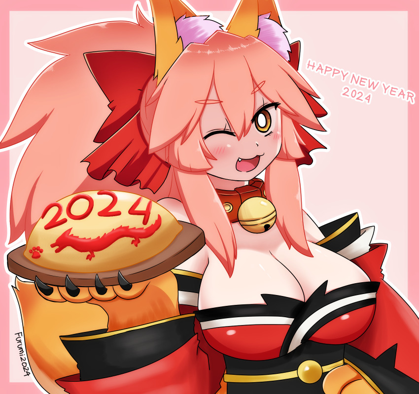 1girl 2024 animal_ear_fluff animal_ears animal_hands bare_shoulders bell blush bow breasts cat_paws cleavage collar detached_sleeves dragon fang fate/grand_order fate_(series) fox_ears fox_girl fox_tail gloves happy_new_year highres japanese_clothes jingle_bell keita_naruzawa kimono large_breasts long_hair looking_at_viewer neck_bell new_year one_eye_closed open_mouth paw_gloves pink_hair ponytail red_kimono red_ribbon ribbon solo tail tamamo_(fate) tamamo_cat_(fate) tamamo_cat_(first_ascension)_(fate) yellow_eyes