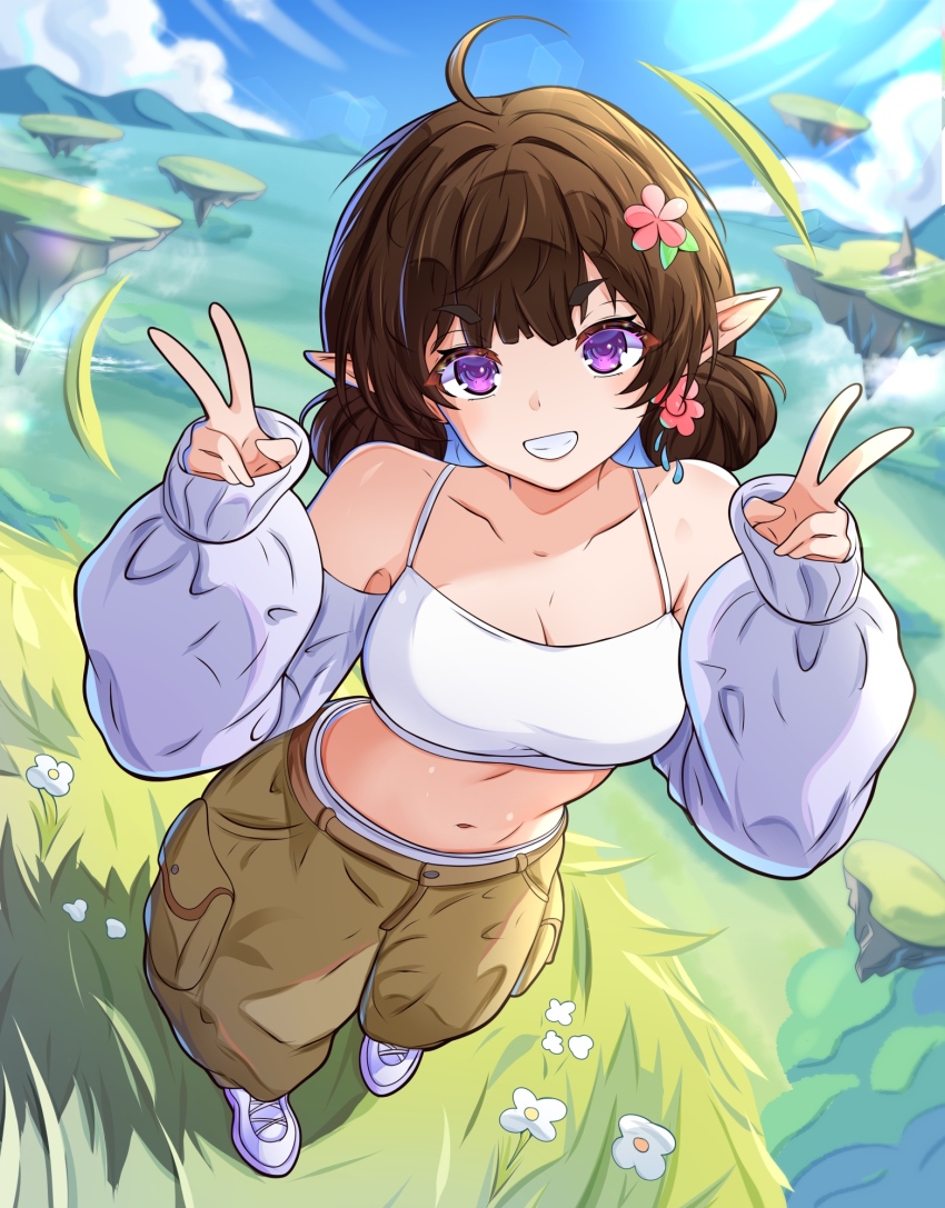 1girl ahoge armpit_crease baggy_pants breasts brown_hair brown_pants crop_top detached_sleeves double_bun double_v eyebrows_hidden_by_hair field floating_island flower full_body hair_bun hair_flower hair_ornament highres large_breasts lips looking_at_viewer medium_hair mrrollingcircle navel open_mouth original pants puffy_sleeves purple_eyes shirt shoes smile sneakers solo stomach teeth v white_shirt white_shoes wind