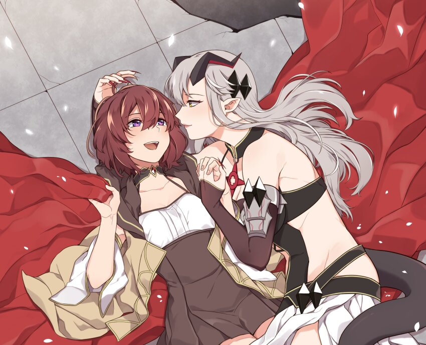 2girls brown_hair collarbone color-les curtains demon_girl demon_horns demon_tail elbow_gloves eye_contact fingernails gloves highres holding_hands horns interlocked_fingers lips long_hair looking_at_another mage_and_demon_queen malori_crowett medium_hair multiple_girls official_art on_ground open_mouth outdoors purple_eyes sharp_fingernails smile tail tile_floor tiles velverosa white_hair yellow_eyes yuri