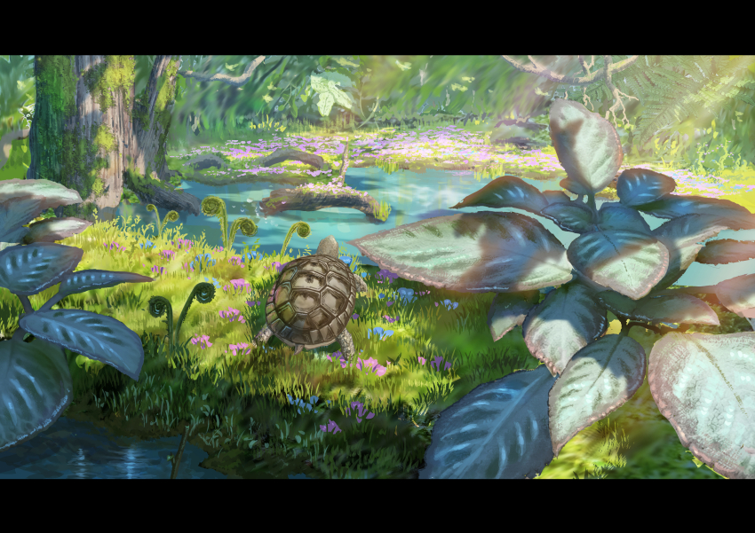 absurdres animal_focus day grass highres moss no_humans original outdoors plant pond scenery sumassha_t_t tortoise tree tree_stump turtle water