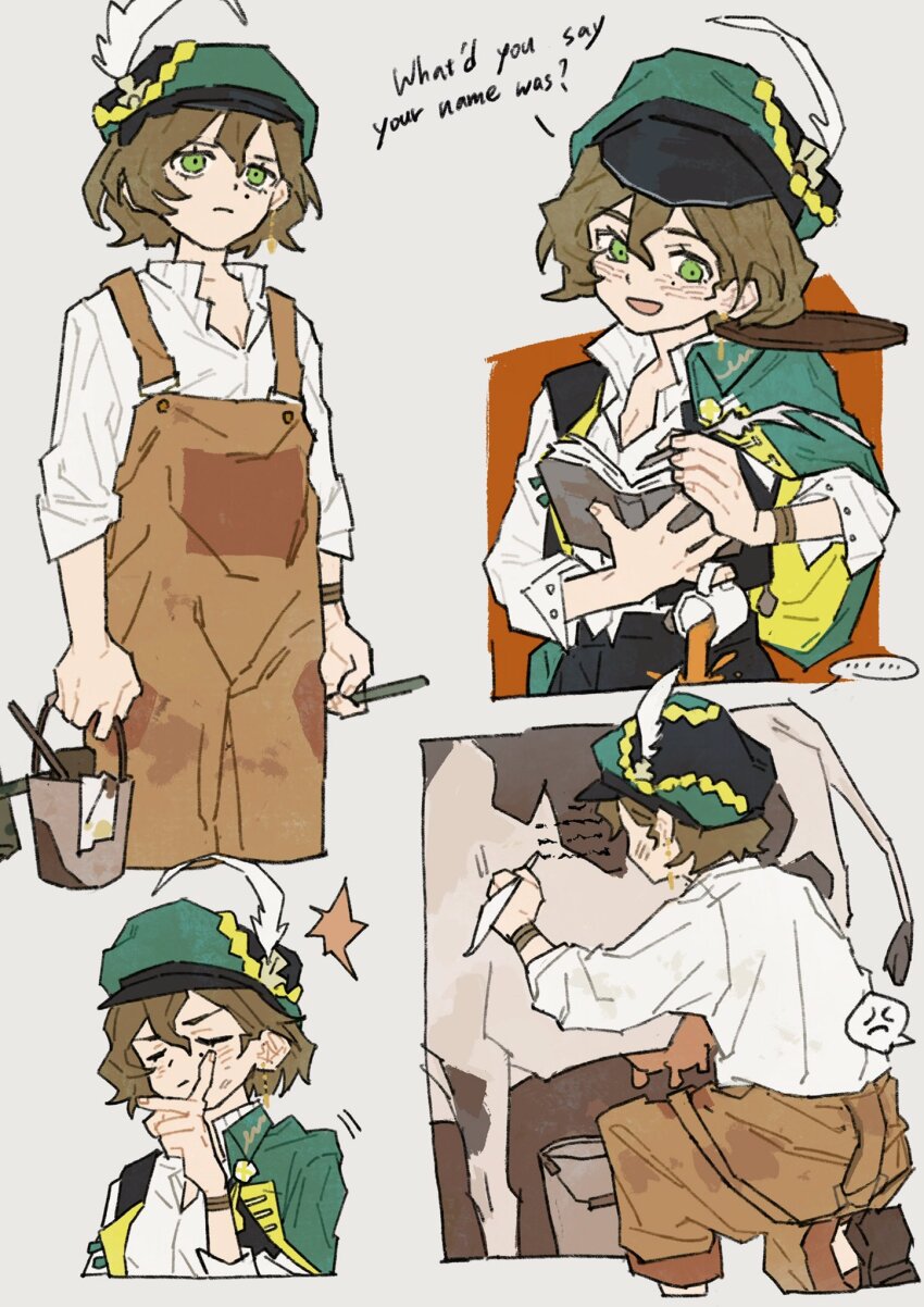 ... 1girl :d anger_vein black_vest body_writing brown_hair brown_overalls bucket cape cow cowboy_shot english_text feet_out_of_frame green_cape green_eyes green_hat grey_background hand_on_own_chin hat hat_feather highres holding holding_bucket holding_notebook holding_quill mole mole_under_eye multiple_views newsboy_cap notebook on_one_knee open_clothes open_mouth open_vest overalls quill recoleta_(reverse:1999) reverse:1999 shirt short_hair smile solo speech_bubble spoken_anger_vein spoken_ellipsis stroking_own_chin thinking tray upper_body vest white_shirt writing yang_miemie_benti