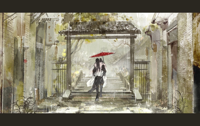 2boys black_boots black_hair black_hanfu black_pants boots building carrying chinese_clothes chinese_commentary from_behind full_body hanfu hanging_lantern highres lanfsir letterboxed long_hair long_sleeves male_focus multiple_boys oil-paper_umbrella pants piggyback plant qiang_jin_jiu rain red_umbrella shen_zechuan sign stairs stone_stairs stone_walkway umbrella white_hanfu wide_sleeves xiao_chiye