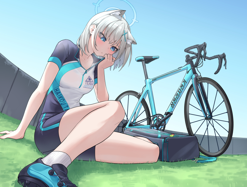 1girl absurdres animal_ear_fluff animal_ears backlighting bag bicycle bike_jersey bike_shorts blue_archive blue_eyes blue_sky collarbone commentary_request cross_hair_ornament extra_ears from_below grey_hair hair_between_eyes hair_ornament halo head_tilt highres hot looking_afar medium_hair mismatched_pupils official_alternate_costume outdoors police_riot_(artist) school_bag shiroko_(blue_archive) shiroko_(cycling)_(blue_archive) shoes short_shorts short_sleeves shorts sidelocks sitting sky sneakers socks solo steam sweat white_socks wiping_sweat wolf_ears wolf_girl zipper