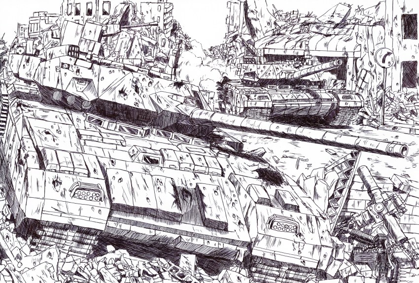 artist_request ballpoint_pen_(medium) greyscale highres military military_vehicle monochrome motor_vehicle no_humans original pen_(medium) road_sign ruins sign t-14_armata tank traditional_media vehicle_focus