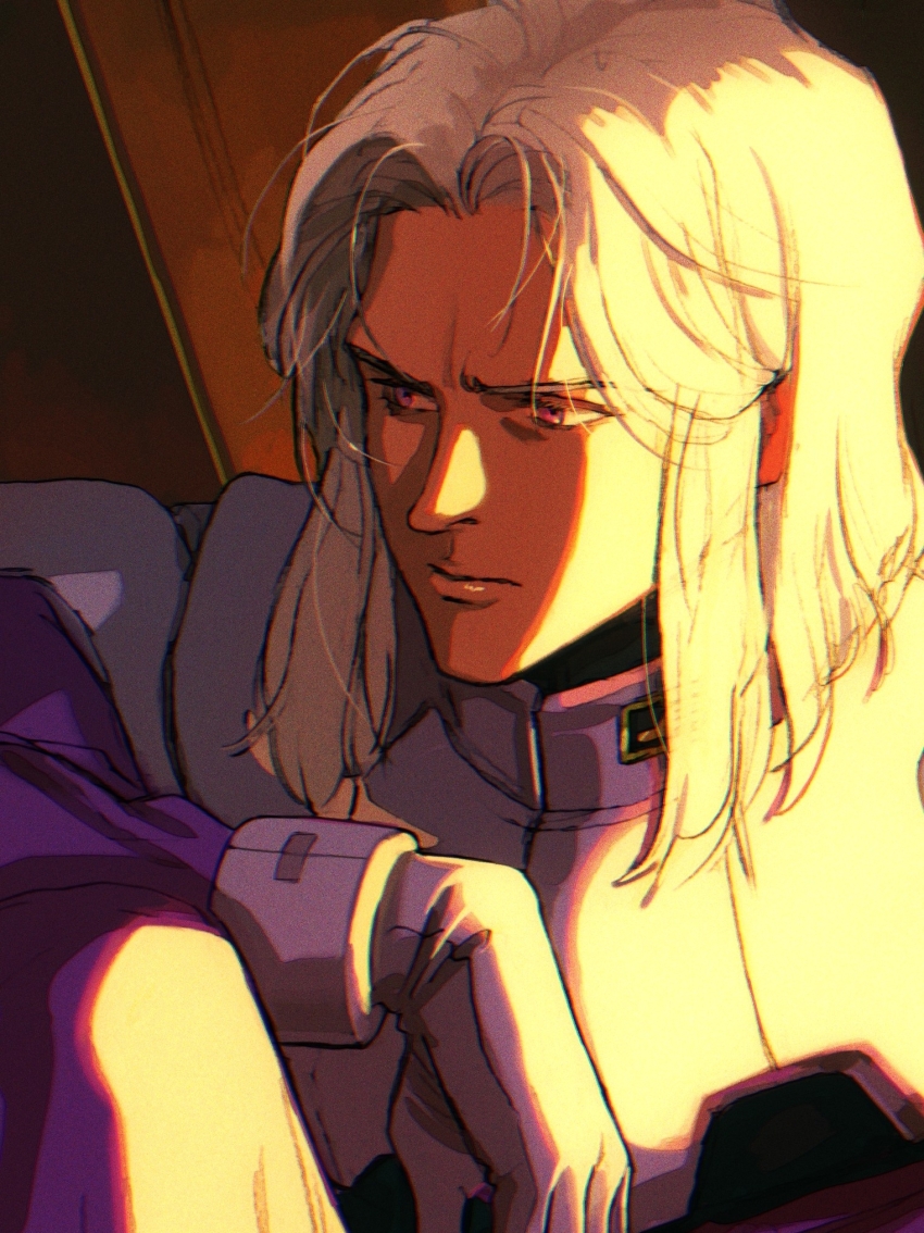1boy anavel_gato commentary_request expressionless grey_hair gundam gundam_0083 highres looking_to_the_side male_focus mecha_pilot_suit medium_hair miromari pink_hair sidelighting sitting solo upper_body