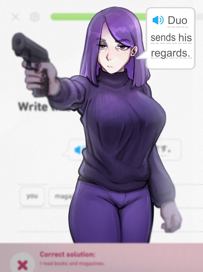 1girl absurdres breasts closed_mouth commentary cowboy_shot duolingo english_text finger_on_trigger gun handgun highres holding holding_gun holding_weapon large_breasts long_sleeves medium_hair original pants purple_eyes purple_hair purple_pants purple_sweater solo speech_bubble standing sweater telepurte turtleneck turtleneck_sweater weapon