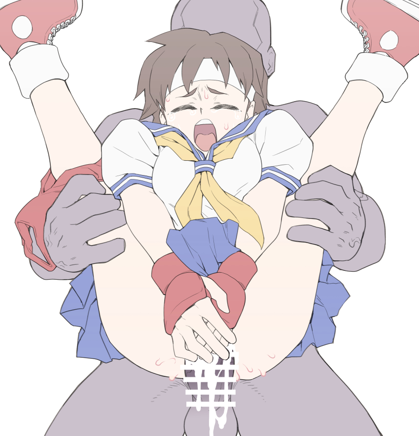 1boy 1girl absurdres ascot bar_censor blue_sailor_collar blue_skirt blush breasts brown_hair buruma buruma_around_leg capcom censored closed_eyes clothed_female_nude_male colored_skin covering_privates cum cum_in_pussy cyrano_(aazzss3) defeat fingerless_gloves full_nelson gloves grey_skin hachimaki headband hetero highres kasugano_sakura nude open_mouth penis petite rape red_buruma red_shoes reverse_suspended_congress sailor_collar school_uniform serafuku sex sex_from_behind shoes short_hair simple_background skirt sneakers street_fighter street_fighter_iii_(series) sweat teeth testicles upper_teeth_only vaginal white_background white_serafuku yellow_ascot