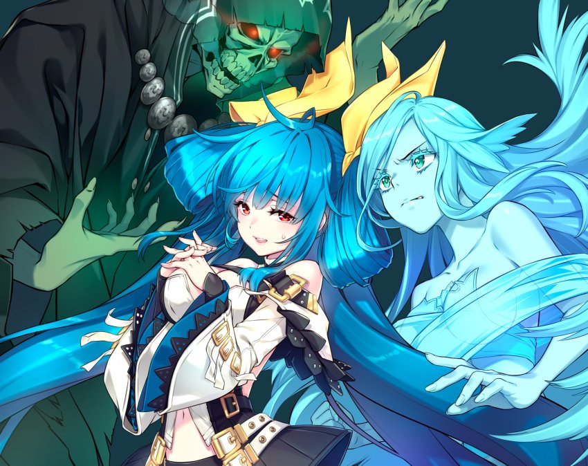 1boy 2girls arc_system_works asymmetrical_wings belt blue_hair blue_skin breasts choker colored_skin crossover detached_sleeves dizzy_(guilty_gear) epic_seven fingernails green_eyes guilty_gear guilty_gear_xrd hair_between_eyes hair_ribbon hair_rings highres large_breasts long_fingernails long_hair midriff monster_girl multiple_girls navel necro_(guilty_gear) official_art parted_lips red_eyes ribbon sharp_fingernails shirahane_nao sweatdrop twintails undine_(guilty_gear) wings worried yellow_ribbon