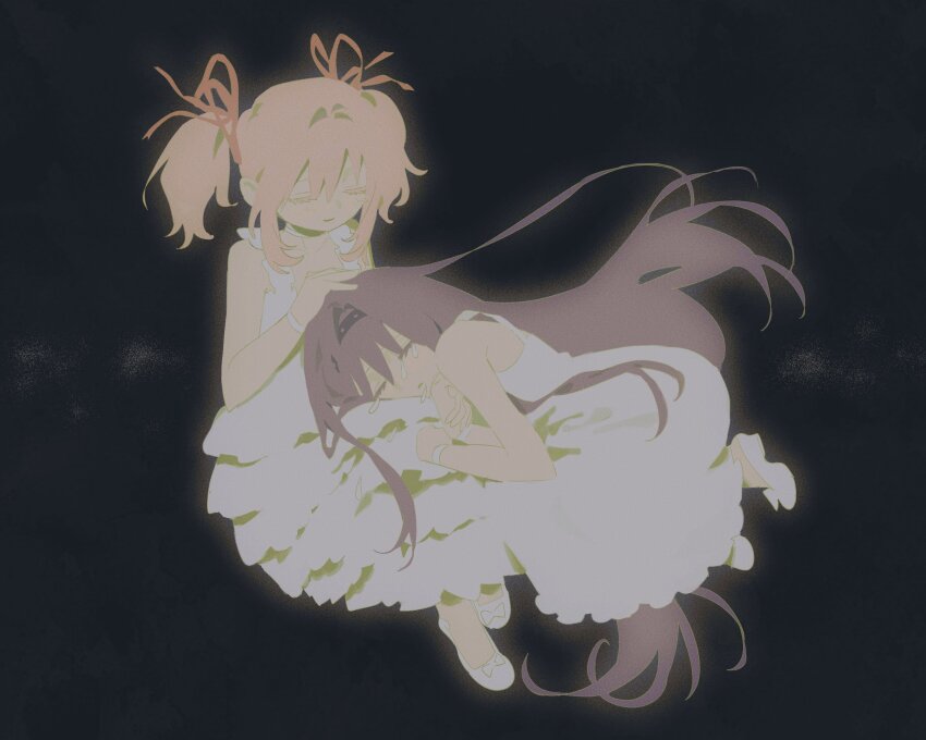 2girls akemi_homura black_background black_hair closed_eyes dress frilled_dress frills glowing hair_intakes hair_ribbon hairband highres kaname_madoka lap_pillow layered_dress laz_(wancchaco) light_smile long_hair mahou_shoujo_madoka_magica multiple_girls pink_hair ribbon shoes short_hair sitting sleeping sleeveless sleeveless_dress twintails white_dress
