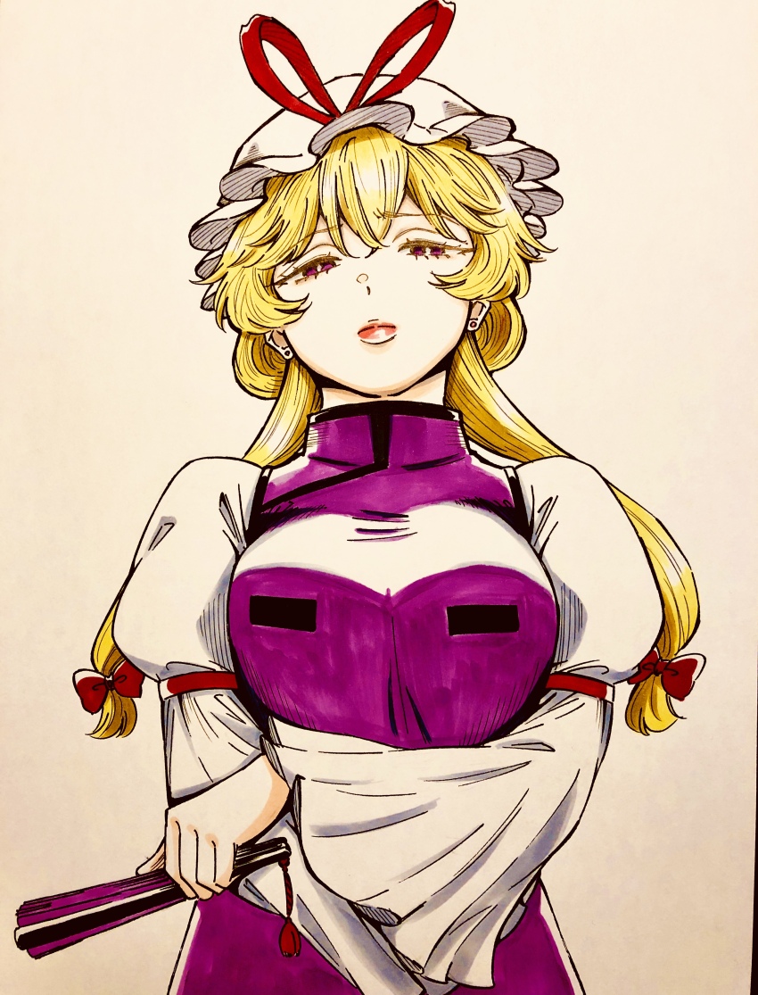 1girl absurdres blonde_hair breasts crossed_arms dress folded_fan folding_fan hair_between_eyes hair_ribbon hand_fan hat highres holding holding_fan long_hair long_sleeves looking_at_viewer medium_breasts mob_cap purple_eyes purple_tabard ribbon s590220 serious solo tabard touhou traditional_media white_dress yakumo_yukari
