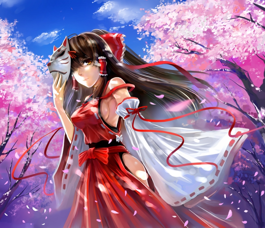 1girl bare_shoulders bow breasts brown_hair cherry_blossoms cosplay detached_sleeves female_focus food fruit hair_bow hair_tubes long_hair m.u.g.e.n mask original ribbon sendai_hakurei_no_miko sendai_hakurei_no_miko_(m.u.g.e.n) sendai_hakurei_no_miko_(osana_reimu) shirt side_slit sideboob solo taut_clothes taut_shirt touhou windtalker yellow_eyes