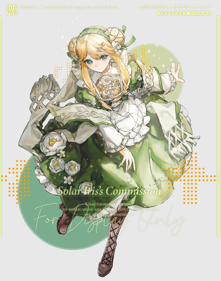 1girl artist_name blonde_hair boots brown_boots closed_mouth dress flower green_dress green_eyes hair_between_eyes hair_flower hair_ornament hairband happybiirthd highres knot light_blush light_smile long_dress long_sleeves looking_at_viewer original ponytail sidelocks signature sitting smile solo sparkle watermark white_flower