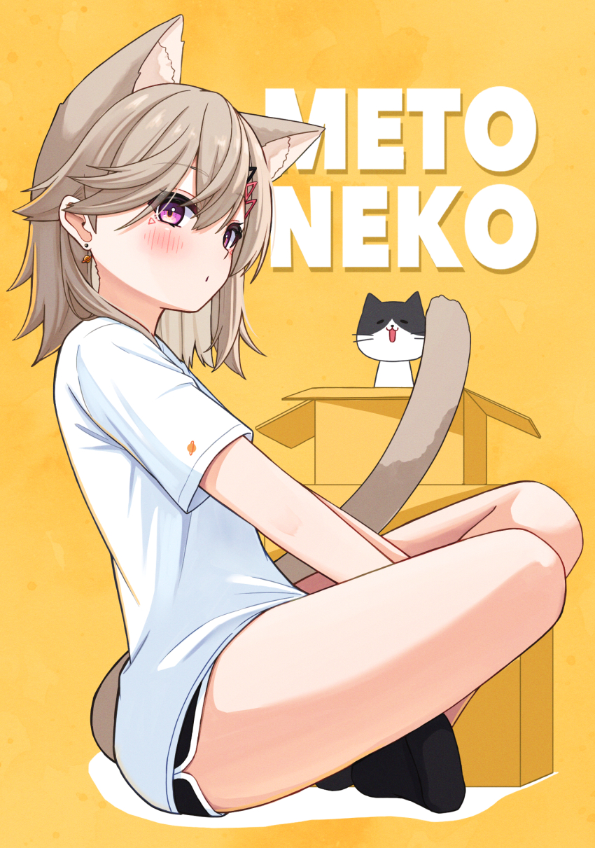 1girl alternate_costume animal_ear_fluff animal_ears anku arms_between_legs black_shorts black_socks blush box brown_hair cardboard_box cat cat_ears cat_tail dolphin_shorts earrings facial_mark highres indian_style jewelry komori_met medium_hair pink_eyes planet_earrings shirt short_shorts short_sleeves shorts simple_background sitting socks solo t-shirt tail virtual_youtuber vspo! white_shirt yellow_background