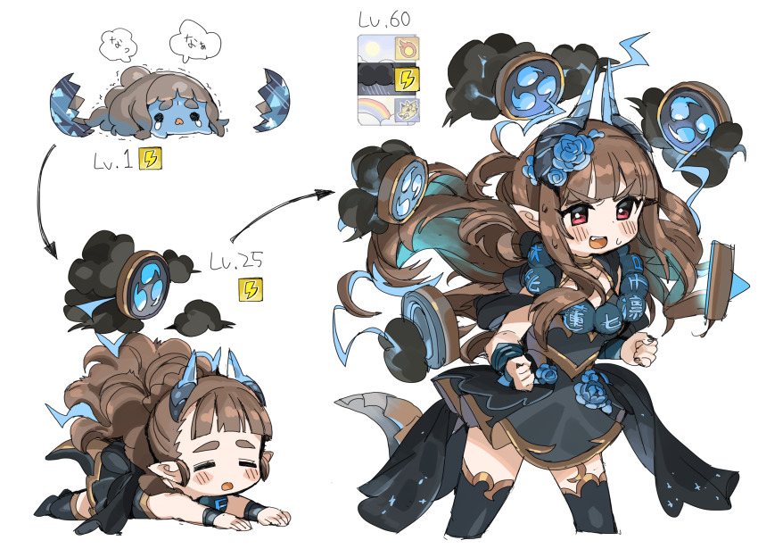 1girl black_dress black_thighhighs blunt_bangs blush chibi cropped_legs dot_nose dress egg evolution fang flower hair_bun hair_flower hair_ornament highres horns idolmaster idolmaster_cinderella_girls kamiya_nao long_hair lying no_nose on_stomach pointy_ears raijin_(mythology) red_eyes single_hair_bun spawnfoxy sweatdrop tail teeth thick_eyebrows thighhighs upper_teeth_only wavy_hair white_background