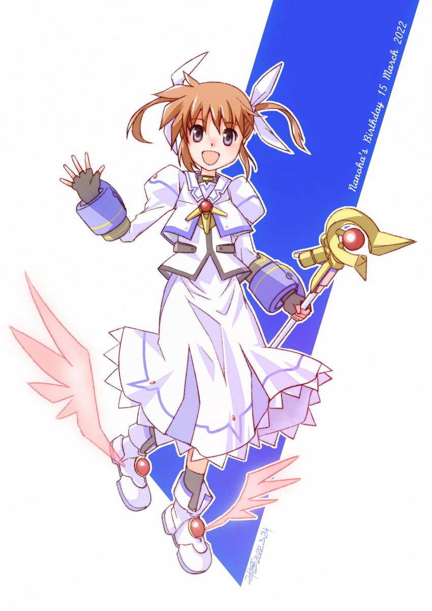 1girl absurdres birthday black_gloves boots brown_hair dated fingerless_gloves gloves hair_ribbon highres holding holding_wand jacket juliet_sleeves long_sleeves looking_at_viewer lyrical_nanoha mizunagi_koubou puffy_sleeves purple_eyes raising_heart raising_heart_(device_mode)_(1st) ribbon skirt smile solo takamachi_nanoha takamachi_nanoha_(movie_1st_mode) twintails wand waving white_boots white_jacket white_ribbon white_skirt winged_footwear