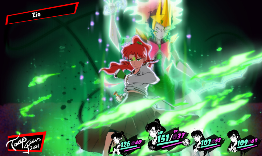 4girls aino_minako artist_name bishoujo_senshi_sailor_moon brown_hair crown facial_mark fake_screenshot fingerless_gloves forehead_mark gloves green_eyes highres hino_rei holding_lightning_bolt jupiter_symbol kino_makoto kino_makoto&#039;s_school_uniform multiple_girls persona persona_5 ponytail sailor_jupiter sailor_mars sailor_moon sailor_venus school_uniform transformation_pen trapgears tsukino_usagi zeus_(mythology)