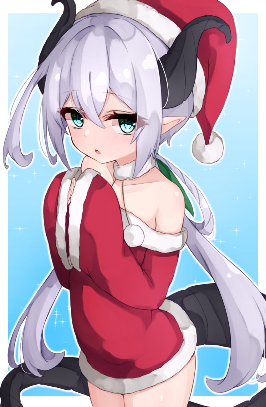 1girl :o absurdres ayanue bare_shoulders black_horns black_tail blue_background blue_eyes border breasts collarbone cowboy_shot curled_horns dress eyelashes fur-trimmed_dress fur-trimmed_hat fur_collar fur_trim gradient_background grey_hair hair_between_eyes hair_rings hands_up hat highres horns light_blush long_hair long_sleeves looking_at_viewer low_twintails off-shoulder_dress off_shoulder open_mouth original outside_border pointy_ears pom_pom_(clothes) red_dress red_hat ringed_eyes santa_costume santa_dress santa_hat short_dress sleeves_past_fingers sleeves_past_wrists small_breasts solo sparkle standing twintails very_long_hair wide_sleeves