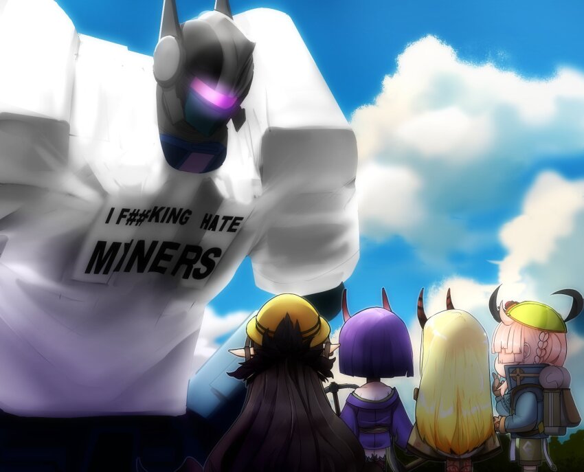 1boy 4girls back black_hair blonde_hair braid brown_gloves cloud cloudy_sky crossover darkwing_(transformers_one) english_text fate/grand_order fate_(series) gloves highres holding holding_pickaxe ibaraki_douji_(fate) long_hair mining_helmet multiple_girls pickaxe pink_hair pointy_ears purple_eyes purple_hair semiramis_(fate) shirt shuten_douji_(fate) sky transformers transformers_one tyrnickleback van_gogh_(fate) van_gogh_(miner)_(fate) white_shirt