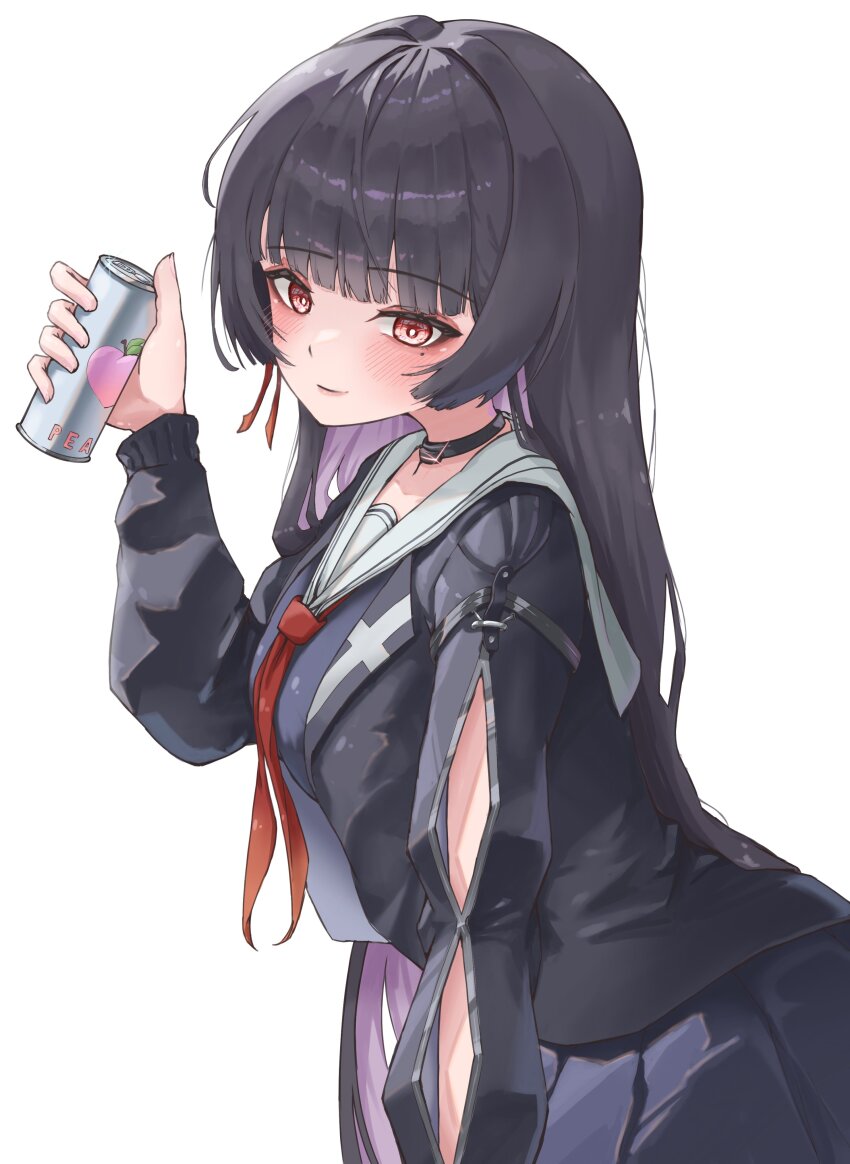 1girl absurdres arm_cutout black_choker black_hair black_jacket black_shirt black_skirt blush breasts can chisa_(wuthering_waves) choker closed_mouth clothing_cutout commentary drink_can from_side hair_ribbon hand_up highres hodissi holding holding_can jacket long_hair long_sleeves looking_at_viewer medium_breasts mole mole_under_eye neckerchief red_eyes red_neckerchief red_ribbon ribbon sailor_collar shirt simple_background skirt smile solo very_long_hair white_background white_sailor_collar wuthering_waves