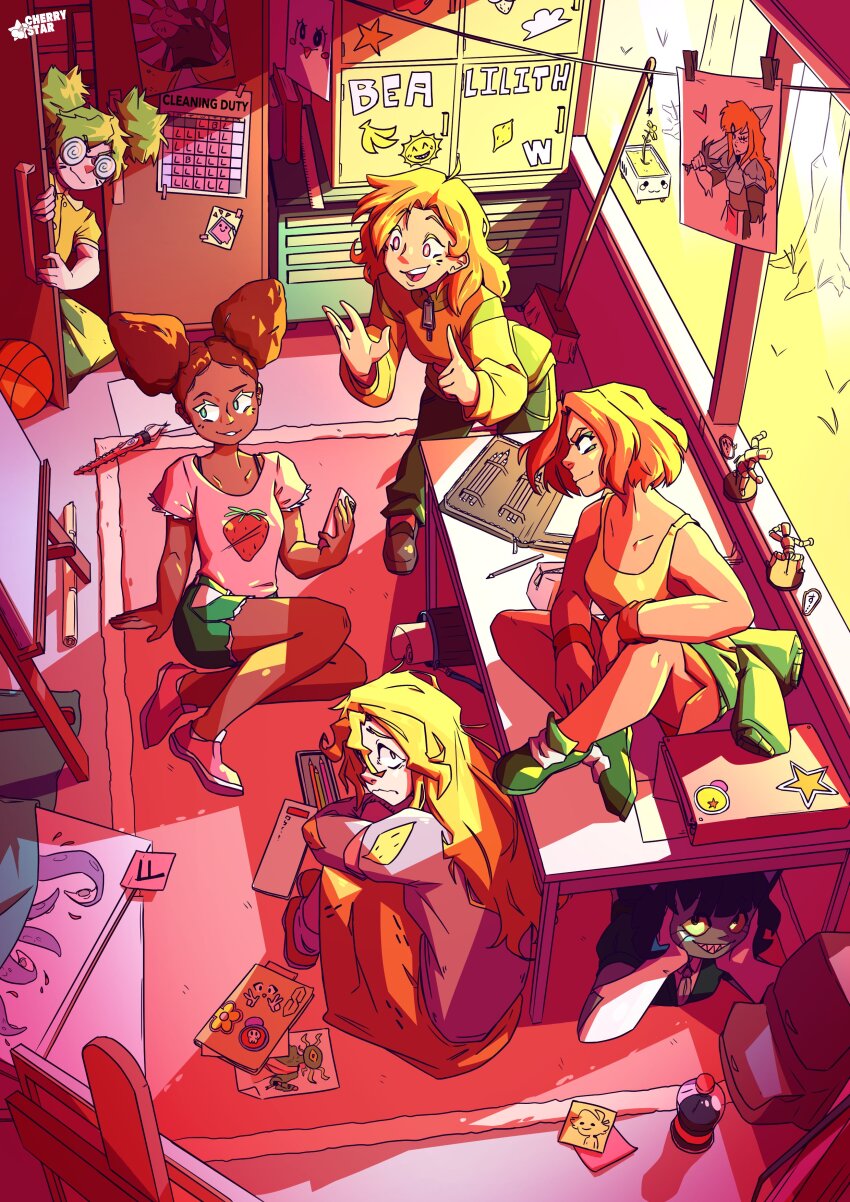 6+girls absurdres artist_name ball banana basketball_(object) blonde_hair book broom brown_hair cherrystar cloud coke-bottle_glasses colored_skin cool_s door double_bun drawing_mannequin flower food food_print fruit fruit_print glasses grass green_eyes green_footwear green_hair green_pants green_shorts green_skin grey_footwear grey_sweater hair_bun highres lemon locker multiple_girls open_mouth orange_hair orange_shorts paintbrush pants parted_lips pencil pink_eyes pink_shirt pink_shoes print_shirt profile public_u._art_club rug shadow sharp_teeth shirt shoes short_sleeves shorts sitting sitting_on_table skirt smile soda_bottle star_(symbol) sticker sticky_note strawberry_print sweater table tank_top teeth tentacles tree window yellow_flower yellow_shirt yellow_shoes yellow_skirt yellow_tank_top zipper_pull_tab