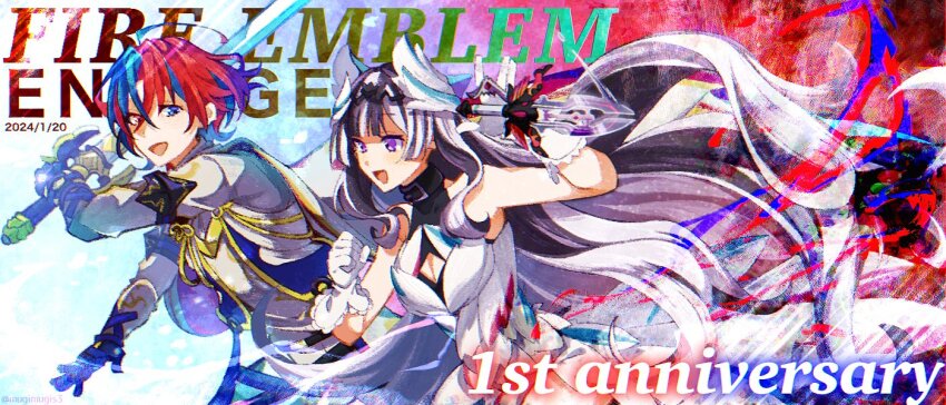 1boy 1girl alear_(fire_emblem) alear_(male)_(fire_emblem) black_hair blue_eyes blue_hair brother_and_sister cleavage_cutout clothing_cutout dress feather_hair_ornament feathers fire_emblem fire_emblem_engage gloves grey_hair hair_ornament holding holding_sword holding_weapon long_hair mugimugis multicolored_hair nintendo open_mouth purple_eyes red_eyes red_hair short_hair siblings smile split-color_hair sword two-tone_hair very_long_hair veyle_(fire_emblem) weapon white_gloves