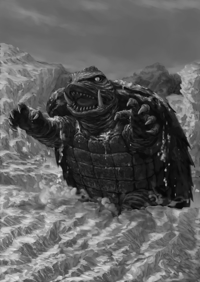 absurdres arctic_(geography) colored_sclera daiei_motion_picture gamera gamera,_the_giant_monster gamera_(series) giant giant_monster highres ice kaiju monochrome monster no_humans sea_monster snow turtle tusks ultra-taf
