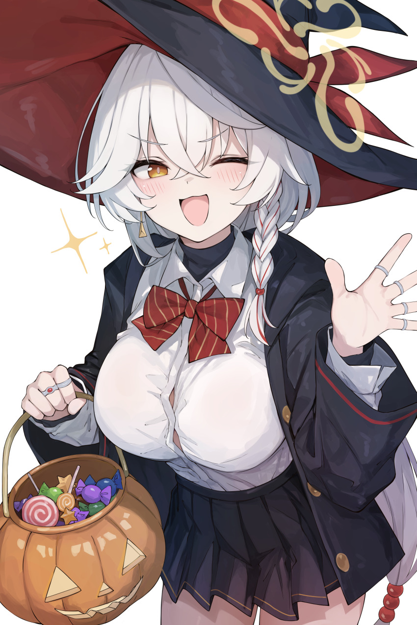 1girl absurdres black_coat black_skirt blue_archive blush bow bowtie braid breasts brown_hair brown_halo bucket button_gap candy coat collared_shirt commentary_request crossed_bangs diagonal-striped_bow diagonal-striped_bowtie diagonal-striped_clothes eri_(blue_archive) fang food hair_between_eyes halloween halloween_bucket halo hat highres holding holding_bucket jewelry large_breasts long_hair looking_at_viewer multiple_rings one_eye_closed open_clothes open_coat open_mouth red_bow red_bowtie ring shirt side_halo simple_background single_braid skin_fang skirt smile solo striped_bow striped_bowtie striped_clothes tateishi_kureha thighs tilted_halo turtleneck white_background white_shirt witch_hat