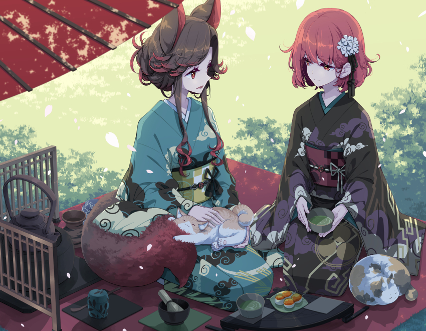 2girls alternate_costume animal animal_ears aqua_kimono black_kimono brown_hair cat closed_mouth commission cup green_tea horikawa_raiko imaizumi_kagerou japanese_clothes kimono long_sleeves multiple_girls obi open_mouth petals red_eyes red_hair sakuraba_yuuki sash short_hair sidelocks skeb_commission smile tail tea touhou wide_sleeves wolf_ears wolf_tail