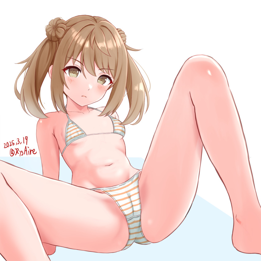 1girl ame-san barefoot bikini breasts brown_eyes brown_hair cameltoe commentary_request dated donut_hair_bun double_bun hair_bun highres kantai_collection looking_at_viewer michishio_(kancolle) small_breasts solo spread_legs swimsuit twintails twitter_username white_bikini