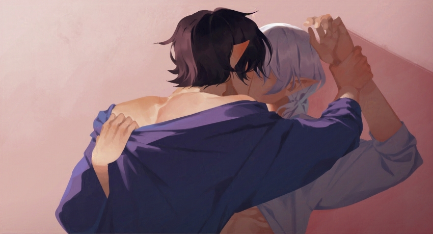 2boys abs aymeric_de_borel black_hair blue_shirt blush clothes_lift clothes_pull commentary ear_blush elezen elf english_commentary estinien_varlineau final_fantasy final_fantasy_xiv grey_shirt hair_behind_ear highres kimikoyuki_13 kiss long_pointy_ears male_focus multiple_boys pointy_ears shadow shirt shirt_lift shirt_pull short_hair short_sleeves sleeve_cuffs upper_body white_hair yaoi