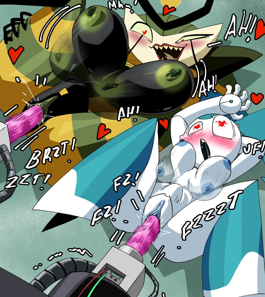 2girls absurdres android aqua_hair blush bouncing_breasts breasts colored_skin heart heart-shaped_pupils highres huge_breasts inker_comics jenny_wakeman joints large_breasts m_legs metal_skin moaning multiple_girls my_life_as_a_teenage_robot nipples open_mouth pussy queen_vexus robot robot_girl simple_background spread_legs symbol-shaped_pupils thighs twintails