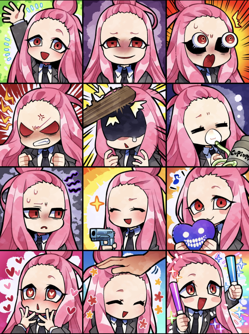 1girl bonk forehead gas_cylinder gun heart highres holding holding_gun holding_weapon indie_virtual_youtuber long_hair magical_girl_smile multiple_expressions non-web_source pink_hair pop_einsworth school_uniform senmu_(0107) simple_background very_long_hair weapon