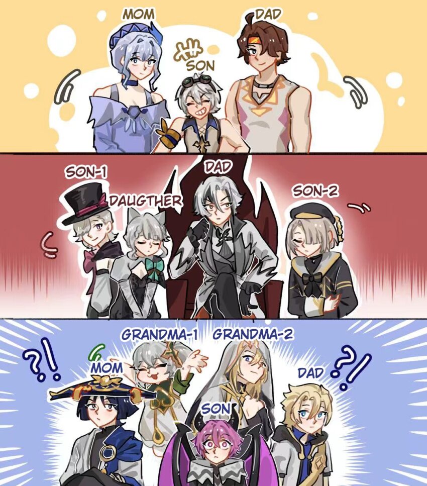 !? 5girls 6+boys :/ ahoge albedo_(genshin_impact) animal_ears arlecchino_(genshin_impact) arms_at_sides arms_up aroni_(genshin_impact) bennett_(genshin_impact) black_hair black_hands black_pants blonde_hair bowing brown_hair butler_bowing cat_ears choker closed_eyes closed_mouth coat colored_extremities crossed_arms crossed_legs dragon_horns dragon_wings dress english_text expressionless family freminet_(genshin_impact) genshin_impact goggles goggles_on_head grey_hair grin hair_between_eyes hair_ornament hair_over_one_eye hat headband height_difference highres horns jacket kivartx large_hat leotard long_sleeves looking_at_viewer lynette_(genshin_impact) lyney_(genshin_impact) macani_(genshin_impact) mini_durin_(genshin_impact) mini_durin_(human)_(genshin_impact) multicolored_hair multiple_boys multiple_girls nahida_(genshin_impact) outstretched_arms pants rhinedottir_(genshin_impact) scaramouche_(genshin_impact) shirt short_hair side_ponytail sleeveless sleeveless_shirt smile top_hat two-tone_hair v_arms veil wanderer_(genshin_impact) wings