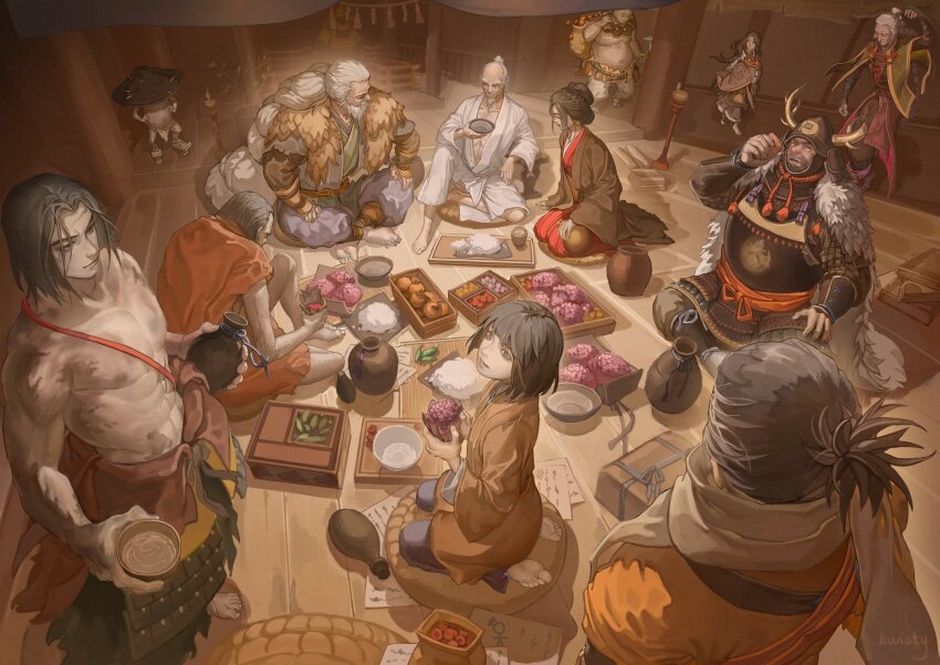 alcohol armor ashina_genichirou ashina_isshin brown_kimono coat divine_child_of_rejuvenation emma_the_gentle_blade food grey_scarf hair_bun hakama hakama_pants haori helmet highres japanese_armor japanese_clothes kabuto_(helmet) katana kimono kotaro_(sekiro) kuro_the_divine_heir kwiaty_k mechanical_arms ninja orange_coat pants pleated_pants prosthesis prosthetic_arm sake samurai scarf sculptor_(sekiro) sekiro sekiro:_shadows_die_twice single_hair_bun single_mechanical_arm sword topknot torn_clothes torn_coat weapon