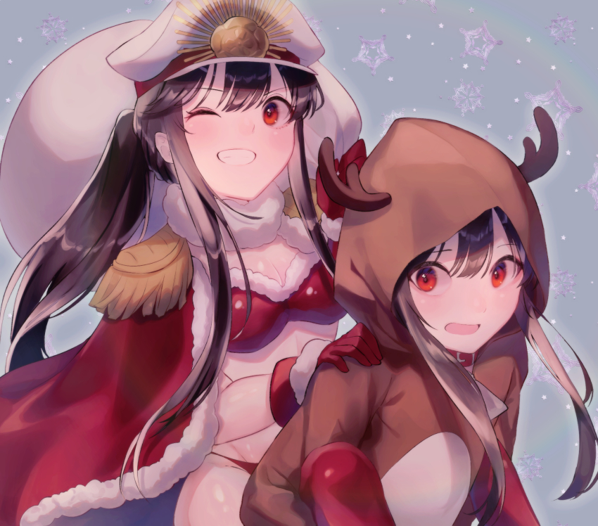 1boy 1girl alternate_hairstyle animal_collar animal_costume animal_hood antlers bikini black_hair blue_background breasts brother_and_sister brown_hood cape carrying carrying_over_shoulder center-flap_bangs christmas cleavage collar cosplay cowboy_shot crest epaulettes family_crest fate/grand_order fate_(series) fur-trimmed_bikini fur-trimmed_cape fur_trim gloves grin groin hand_on_another&#039;s_shoulder hat highres holding holding_sack hood horns kigurumi knees_up looking_at_another looking_at_viewer looking_back midriff_peek mipi oda_nobukatsu_(fate) oda_nobunaga_(fate) oda_nobunaga_(koha-ace) oda_uri one_eye_closed peaked_cap piggyback ponytail raised_eyebrows red_bikini red_collar red_eyes red_gloves red_socks reindeer_antlers reindeer_costume reindeer_hood sack siblings sidelocks smile snowflake_background snowflake_print socks star_(symbol) star_print star_symbol_background swimsuit thighhighs v-shaped_eyebrows white_hat