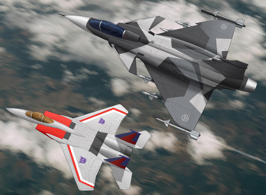 absurdres aircraft airplane decepticon f-15_eagle fighter_jet highres military military_vehicle missile msa_major no_humans original saab_gripen scenery starscream swedish_air_force transformers vehicle_focus