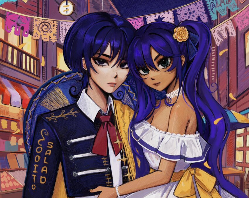 1boy 1girl alternate_costume alternate_skin_color artist_name bare_shoulders bead_bracelet beads black_eyes black_jacket blunt_ends bow bracelet breasts brown_lips building cleavage closed_mouth coditosalad collar collared_shirt dark-skinned_female dark_skin detached_collar dress festival flower food_stand genshin_impact gold_flower gold_shawl gold_trim green_eyes hair_bow hair_flower hair_ornament hand_on_another&#039;s_stomach hat hat_on_back highres jacket jewelry light_smile lip_piercing long_hair looking_at_viewer mexican_clothes mexican_dress mona_(genshin_impact) neckerchief night night_sky off-shoulder_dress off_shoulder outdoors parted_bangs piercing purple_bow purple_hair purple_hat red_lips red_neckerchief scaramouche_(genshin_impact) shirt sidelocks sky sombrero strapless strapless_dress table twintails white_collar white_dress white_shirt white_undershirt window wispy_bangs yellow_bow
