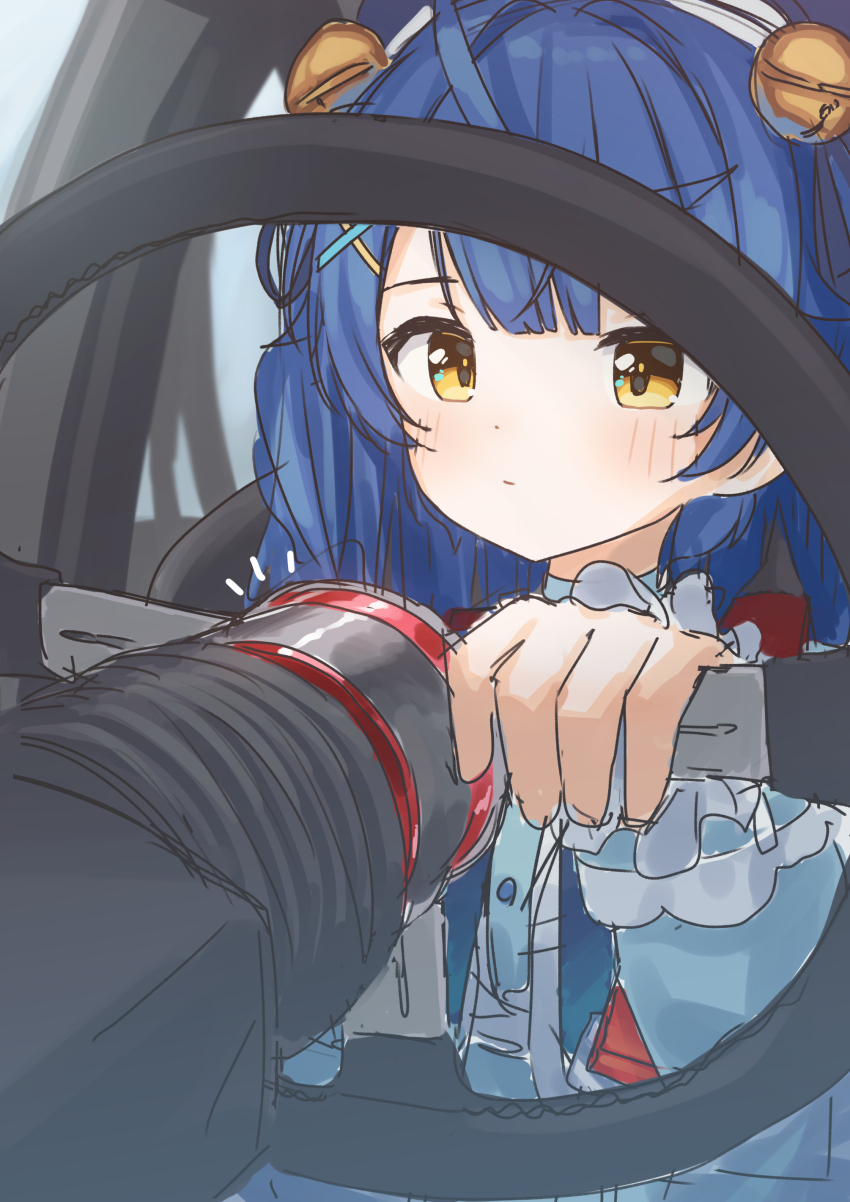 1girl absurdres amamiya_kokoro amamiya_kokoro_(1st_costume) bell blue_dress blush dress expressionless frilled_dress frills hair_bell hair_ornament hairclip highres looking_ahead nijisanji orange_eyes simana sky solo steering_wheel vehicle_interior virtual_youtuber