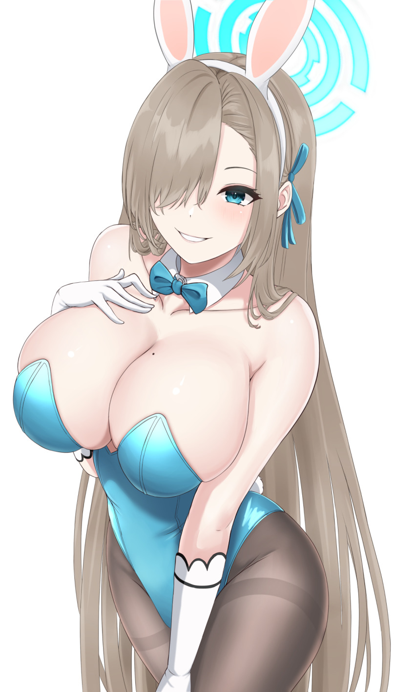 1girl animal_ears asuna_(blue_archive) asuna_(bunny)_(blue_archive) black_pantyhose blue_archive blue_bow blue_bowtie blue_eyes bow bowtie breasts cleavage collarbone detached_collar elbow_gloves fake_animal_ears from_above gloves hair_over_one_eye hairband halo hand_on_own_chest highres large_breasts leotard looking_at_viewer mole mole_on_breast one_eye_covered pantyhose parted_lips playboy_bunny rabbit_ears simple_background smile thighs vik_(xypt7474) white_background white_gloves white_hairband