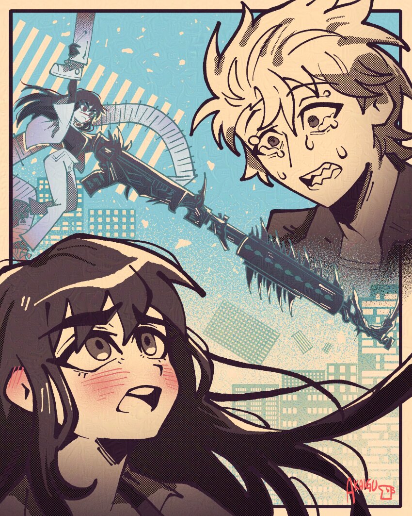 1boy 2girls absurdres akaiguarts black_hair chainsaw_man collared_shirt couple cross_scar crying crying_with_eyes_open denji_(chainsaw_man) facial_scar hetero highres long_hair mitaka_asa multiple_girls open_mouth ringed_eyes scar scar_on_cheek scar_on_face scar_on_nose shirt tears white_shirt yoru_(chainsaw_man)