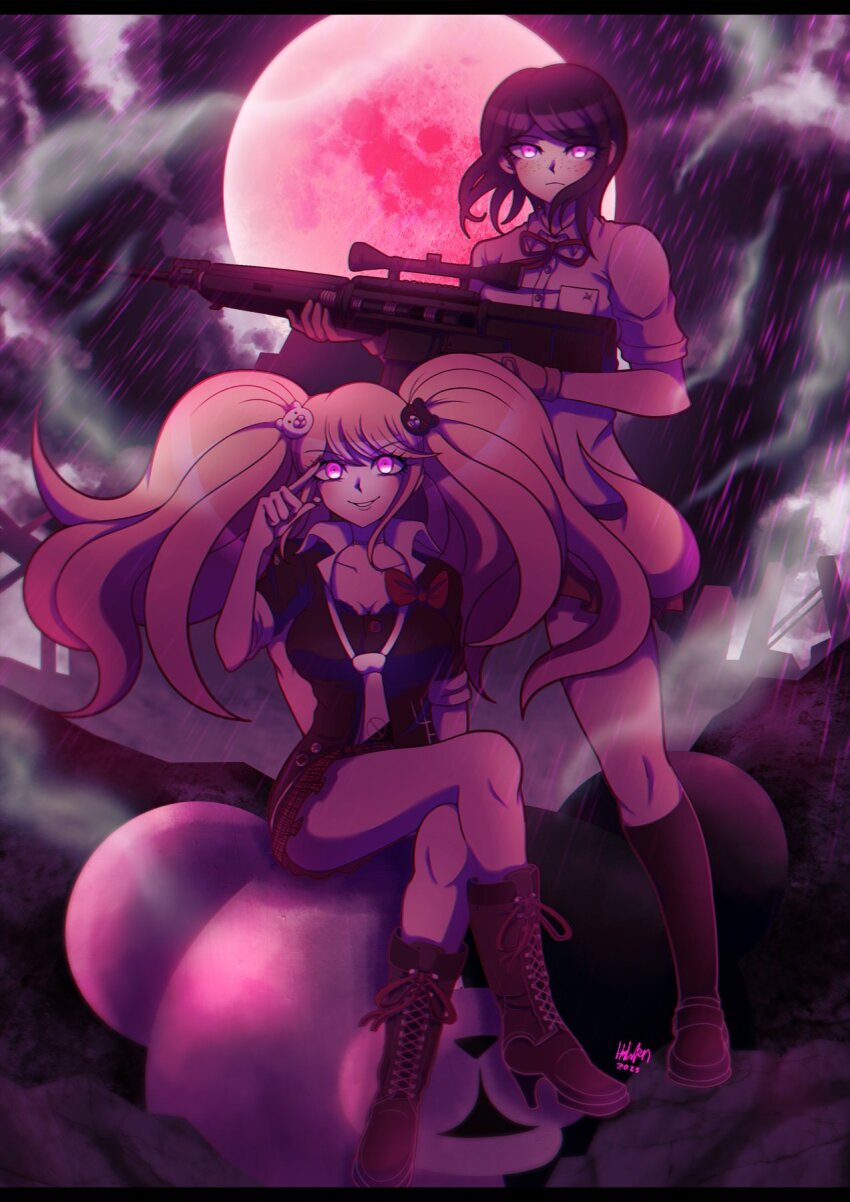 2girls bear_hair_ornament black_footwear black_hair black_skirt black_socks blonde_hair blush boots bow breasts brown_gloves calf_boots calf_socks cleavage closed_mouth collarbone danganronpa:_trigger_happy_havoc danganronpa_(series) enoshima_junko eyebrows eyelashes freckles frown full_body gloves gun hair_ornament hand_up high_heel_boots high_heels holding holding_gun holding_rifle holding_weapon ikusaba_mukuro inglebard long_hair looking_at_viewer monokuma moon moonlight multiple_girls neck_ribbon night night_sky open_mouth pink_eyes pleated_skirt rain red_bow red_skirt ribbon shirt short_sleeves siblings sisters sitting skirt sky smile socks standing twins twintails weapon white_shirt