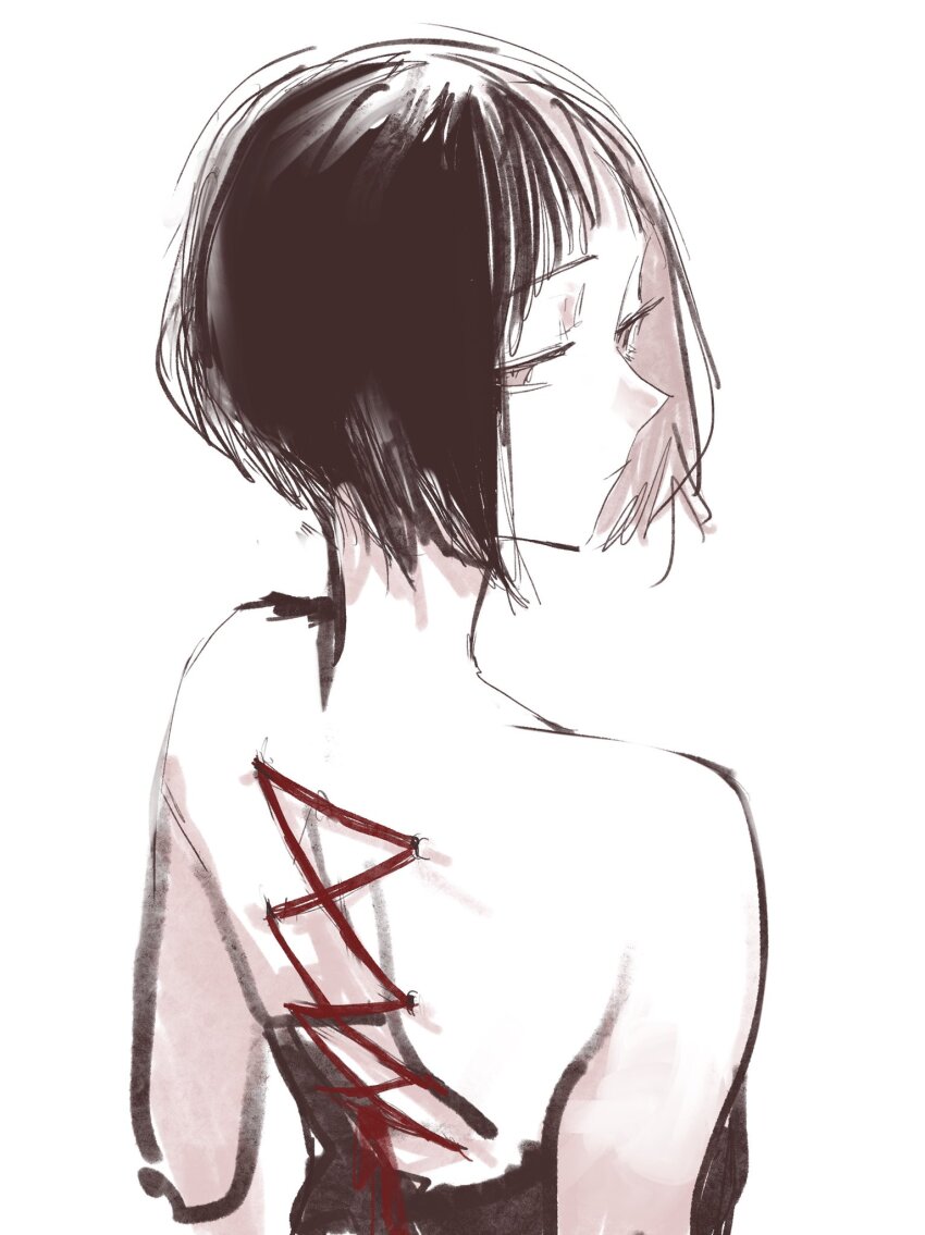 1girl expressionless highres ikuhana_niiro looking_at_viewer looking_back piercing short_hair tagme