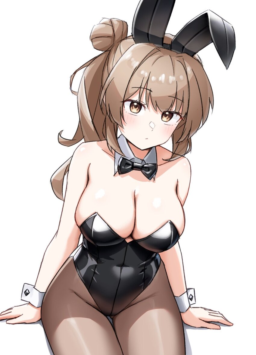 1girl animal_ear_hairband animal_ears black_bow black_bowtie black_leotard bow bowtie breasts brown_eyes brown_hair brown_pantyhose cevio cleavage detached_collar fake_animal_ears hair_bun hairband highres large_breasts leotard long_hair looking_at_viewer pantyhose playboy_bunny rabbit_ears rabbit_tail satou_sasara side_ponytail single_hair_bun single_side_bun solo sparkling_yudofu strapless strapless_leotard tail wrist_cuffs