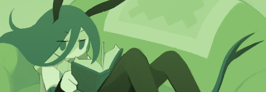 1girl androgynous antennae book couch dweller&#039;s_empty_path green_theme hair_between_eyes highres holding holding_book indoors long_hair monochrome official_art pants reading reclining scarf sitting solo tail temmie_chang yoki_(dweller&#039;s_empty_path)