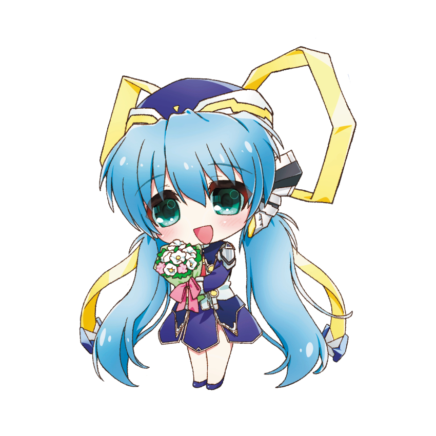 1girl :d blue_dress blue_hair blush bouquet bow chibi commentary_request dress flower green_eyes hair_between_eyes hair_ribbon happy highres holding holding_bouquet hoshino_yumemi long_hair long_ribbon long_sleeves looking_at_viewer low_twintails natsuoto_rito open_mouth pink_bow pink_flower planetarian ribbon robot_ears simple_background smile solo standing twintails very_long_hair white_background white_flower yellow_ribbon